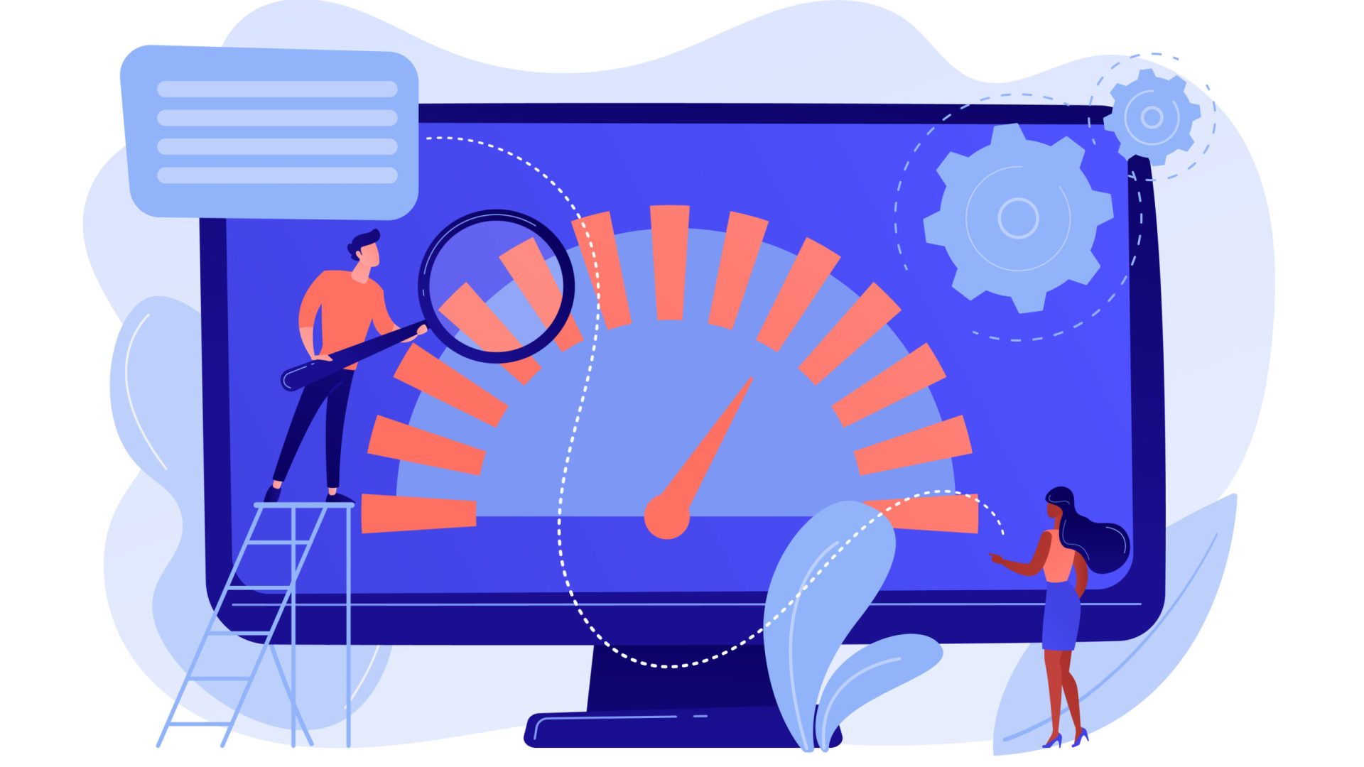 Tiny business people look at product performance indicator. Benchmark testing, benchmarking software, product performance indicator concept. Pinkish coral bluevector isolated illustration