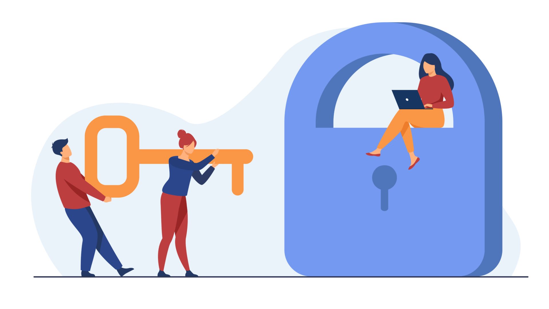 Tiny people carrying key to open padlock. Password, laptop, confidential flat vector illustration. Security and protection concept for banner, website design or landing web page